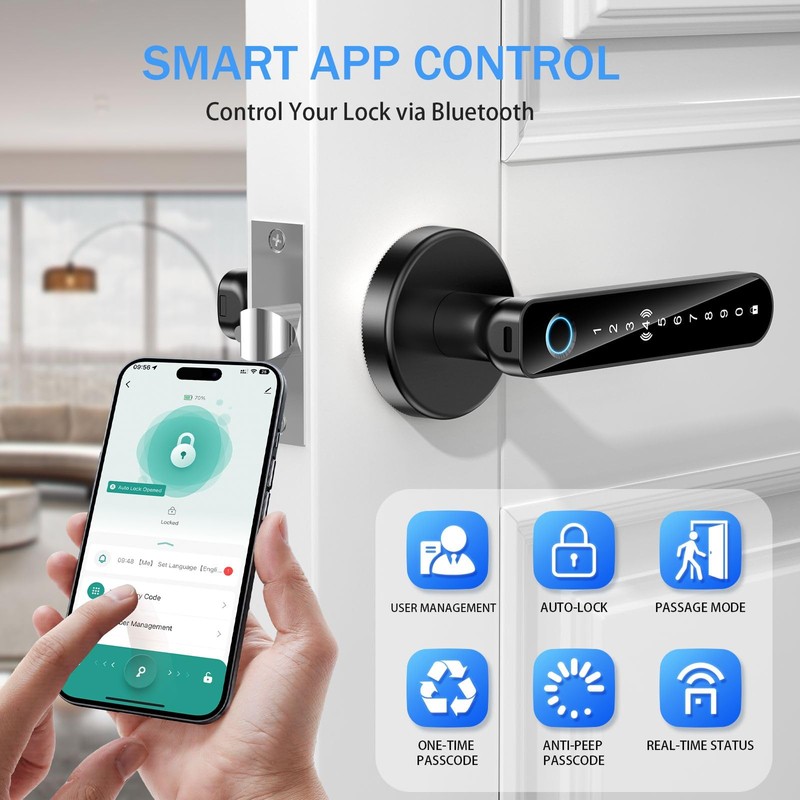 Fingerprint Door Lock - Smart Door Handle with Keypad, Biometric
