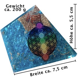 CHONIT Orgonite Pyramid, Chakra Mix Colourful with Symbol Flower of Life, Protection, Small with Rock Crystal as Decoration for Home (Chakra Mix (Turquoise))