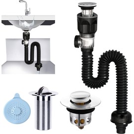 BLAZDEVE Siphon with Drain Fitting, Drain Pipe Kit for Sink, Odour-Proof Sink Waste Trap, Flexible Drain Hose, Syphon Bathroom Sink, Space-Saving Siphon Kitchen Sink, Extensable 300-955 mm