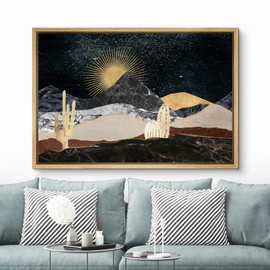 SIGNFORD Framed Canvas Print Wall Art Set Golden Marble Mountain Sun Range Nature Wilderness Illustrations Modern Art Farmhouse/Country Landscape for Living Room, Bedroom, Office - 24x36 Natural