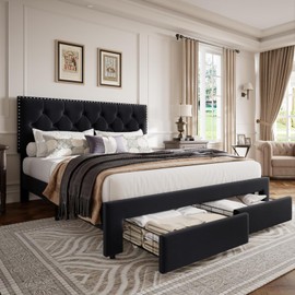 GarveeHome Full Size Bed Frame with 2 Storage Drawers, Vintage Velvet Upholstered Bedframe with Wooden Slat Support and Button Tufted Wingback Headboard, No Box Spring Needed, Noise Free, Black