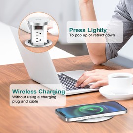 Pop Up Outlet for Countertop with PD 20W USB C, Recessed Countertop Outlet 4 AC Outlets 3 USB Ports and 10W Wireless Charger, Flush Mount Power Strip for Kitchen Island Office(White)