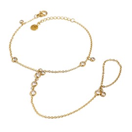 Ring Bracelet Hand Chain for Women, 14K Gold Plated Dainty Link Bracelets with CZ Beads, Adjustable Non Tarnish Trendy Body Jewelry Gifts, One size, Stainless Steel, Cubic Zirconia
