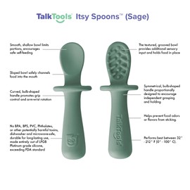 TalkTools ITSY Tiny Silicone Spoons – Twin Pack Soft Silicone Self-Feeding Training Spoons for Kids & Toddlers, Anti-Choking Flange Guard and Non-Slip Handle (Sage)