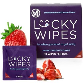 Lucky Wipes For Men, Individually Wrapped - pH Balanced Flavored Intimate Wipes - Pack of 10 (Strawberries and Cream)
