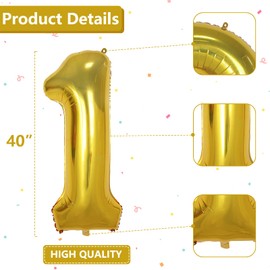 Number Balloons, 40Inch Gold Helium Digital Balloons for Birthday Anniversary Party Decorations (Number 1)