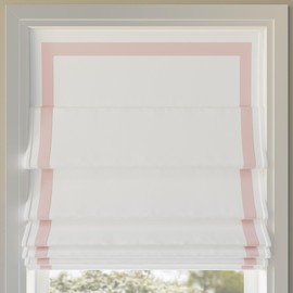 Sun Zero Marline Pink Ribbon Border Stripe 100% Blackout Cordless Roman Shade, 33" x 64", Pink/White