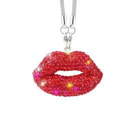 Bling Red Lip Diamond Car Accessories Crystal Rear View Mirror Charms Car Decor for Women Lucky Amulet Valentine's Day Gifts Hanging Interior Ornament Pendant(RED)