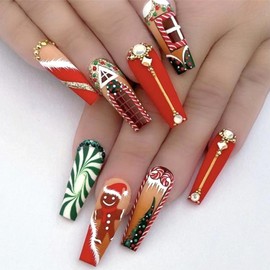 Vopintpy Christmas Press on Nails Extra Long Square Fake Nails Glitter Rhinestones Acrylic Nails Matte Winter Xmas Glue on Nails Reusable Full Cover Stick on Nails for Women