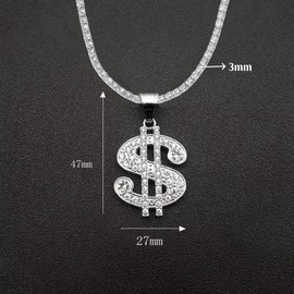 Yonghao Pavilion Diamond-studded US dollar stainless steel pendant hip-hop necklace for men, gold and silver tennis chain for women, chain width 5mm 3mm, length 23.62 inches (Silver Small)