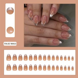 24pcs False Nails French Tip - Pink Sliver Edge Press on Nails Short Almond - Strong Fake Nails with Glue - Full Cover Stick on Nail for Women French Nail Art