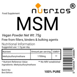 Nutrics® MSM Methylsulfonylmethane Sulfur Supplement 75g Vegan Powder - Free from fillers, Binders & Bulking Agents