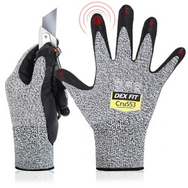DEX FIT Level 5 Cut Resistant Gloves Cru553, 3D Comfort Stretch Fit, Power Grip, Durable Foam Nitrile, Smart Touch, Machine Washable, Thin & Lightweight, Grey 8 (M) 1 Pair