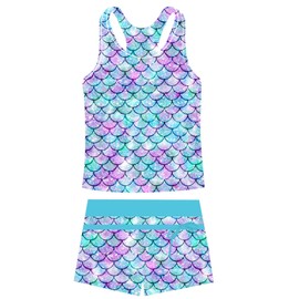 Belovecol Girls Tankini Boyshort Swimsuit Mermaid Print Rash Guard Beach Bathing Suits Swimming Wear Sun Protection Sets 6-7T