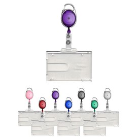 PCL Media ltd Purple Retractable Badge Reel with Carabiner Clip and Double Sided Badge Buddy ID Card Holder Clear Rigid ID Badge Holder - Holds Two ID Card Ski Pass Holder