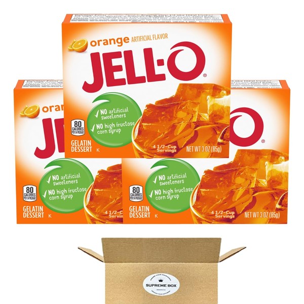 SUPREME BOX Jell-O Orange Gelatin Mix, 3 oz Boxes - Pack of 3 (9 oz in total)