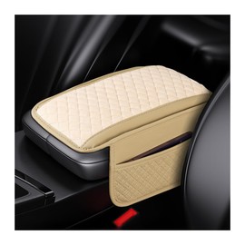 Osilly Car Center Console Cover, Leather Vehicle Armrest Protection Pad with 2 Storage Bags, Automotive Interior Arm Rest Seat Box Cushion Accessories, Universal for SUV, Sedan, Truck (Beige)