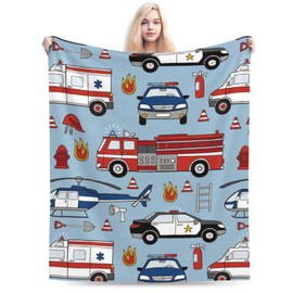 Cartoon Emergency Car Flannel Throw Blanket for Kids Boys Baby Toddler Teens Gifts Soft Warm Bedroom Throws for Home Couch Room Sofa Office Travel Camping Dorm Decor 50x40 Inch