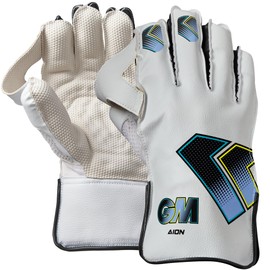 Gunn & Moore GM Cricket Wicket Keeper Keeping Gloves | Aion | Cotton Lining & Pimple Rubber Palm | PVC Faux Leather Back of Hand | Youths | 1 Pair | White, Cyan & Fluro with GM Logo