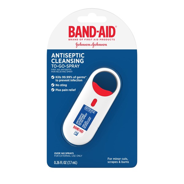 Band-Aid Brand Antiseptic Cleansing To-Go-Spray, First Aid Antiseptic Spray Relieves Pain & Kills Germs Anywhere, Benzalkonium Cl Antiseptic & Pramoxine HCl Topical Analgesic.26 fl. oz