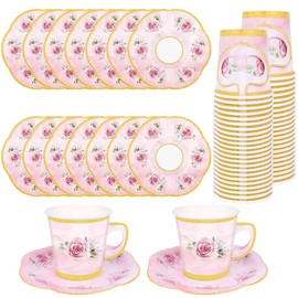 50 Pcs Paper Tea Cups and Plates Pink Floral Paper Teacups and Saucer Sets Disposable Tea Party Decorations with Gold Rim for Hot and Cold Drinks for Wedding Birthday Baby Shower Tea Party, Serve 25