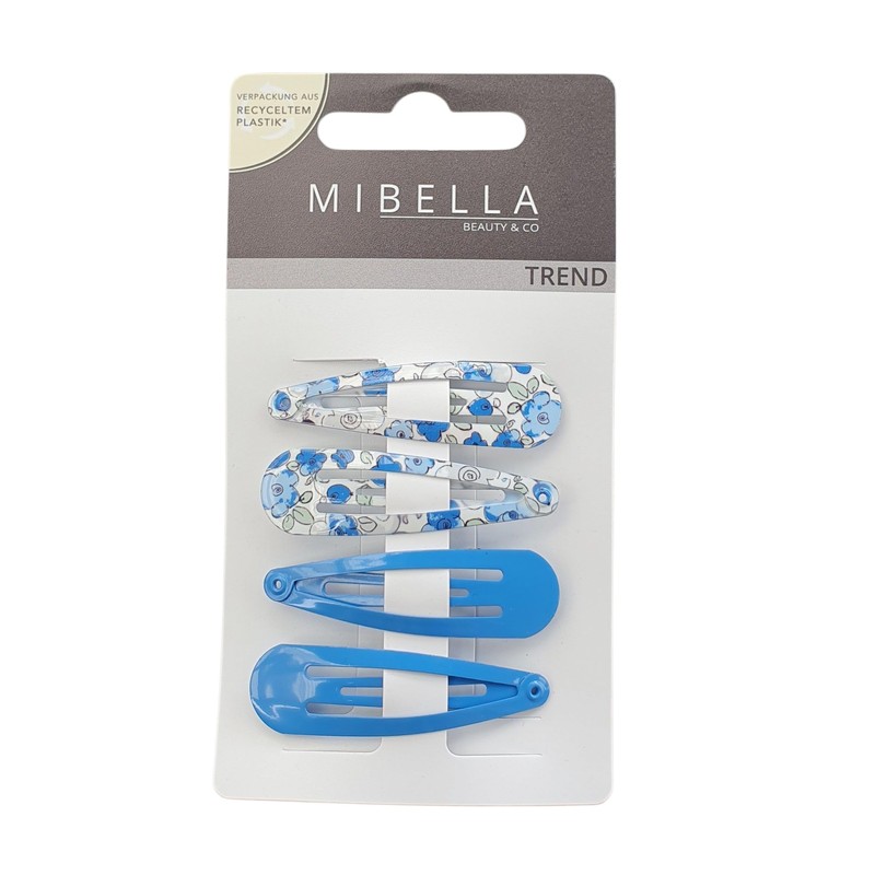 Mibella Trend Haarspangen Set, 4 Stück, Blau und Blumenmuster, Click-Clack