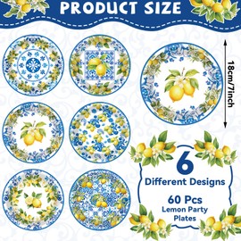 CHUNNIN 60PCS Lemon Party Paper Plates for Lemon Theme Party Decorations 7In Blue Tiles Yellow Lemon Dessert Plates Disposable Tableware Dinnerware Set for Baby Shower Birthday Party Supplies