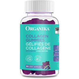 Organika Canadian-Made Collagen Gummies - Blueberry Flavour - 2500 mg of Collagen Per Serving plus Biotin For Better Skin, Hair and Joint Health | Pasture-Raised Cattle, Gluten and Dairy-Free 90 Gummies