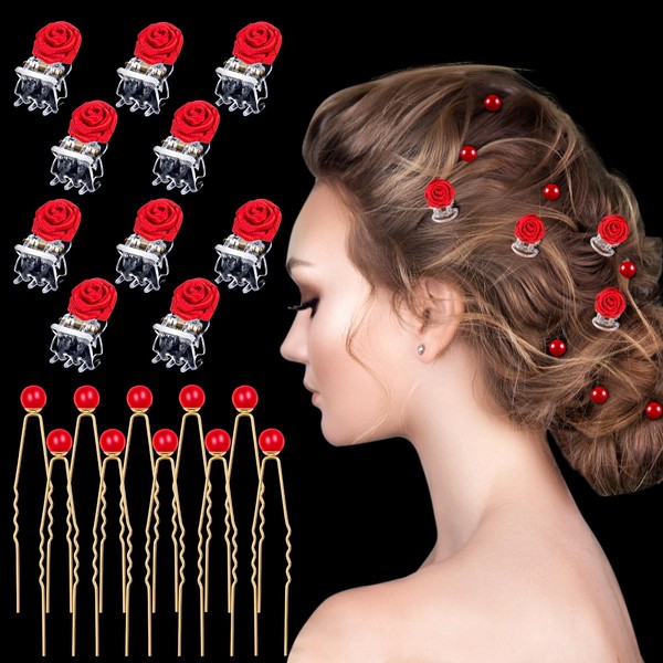 MELLIEX Small Wedding Hair Accessories, 10 Pieces Mini Hair Clips with Rose and 10 Pieces U-shaped Beads Hair Pins Set for Bride (Red)