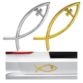 2PCS Christian Cross Fish Car Emblem, Large Jesus Fish Cross Auto Emblem Badge Bumper Sticker, Weatherproof Christian Fishes Symbol Ichthus Religious 