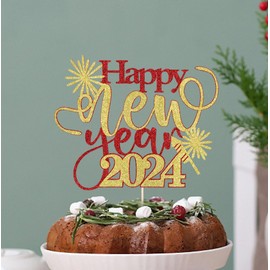 BejotaaHappy New Year 2024 - Decoración para tartas de Año Nuevo Feliz Año Nuevo 2024, suministros para fiestas de Feliz Año Nuevo 2024, decoración para fiestas de Año Nuevo (Feliz Año Nuevo dorado y rojo)