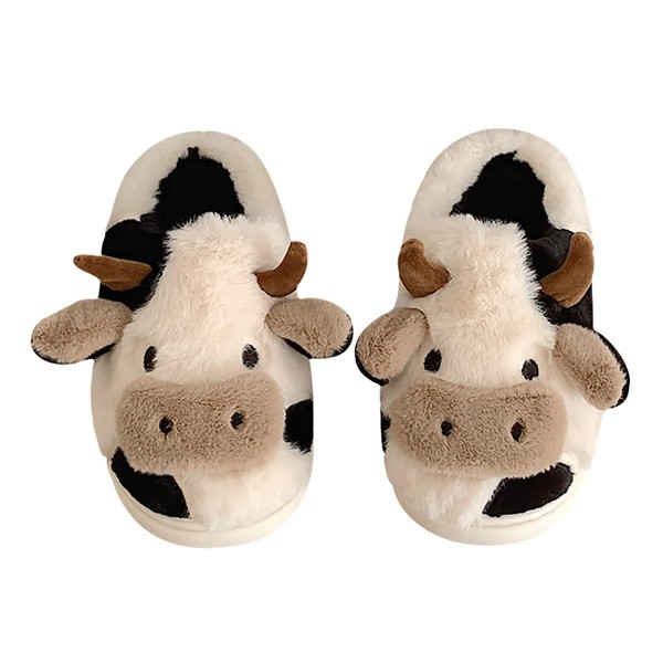 FakeFace Animal Room Shoes with Heels, Slippers, Fluffy, Autumn and Winter, Indoor Shoes, Animal Shoes, Cold Protection, Warm Slippers, Winter Shoes, Fleece Lined, Room Wear, Cute Room Shoes, Thick Soles, Anti-Slip, Outdoors Slippers, milk cow