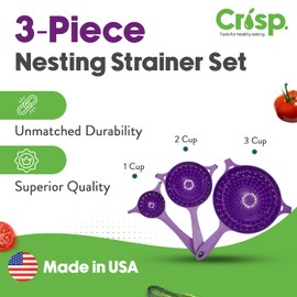 Crisp 3-Piece Nesting Strainer Set - Perfect for Draining Pasta, Vegetable, Fruit and Noodle Strainer - Good Grip Plastic Strainer - Dishwasher Safe Kitchen Strainer - Made in the USA - Purple
