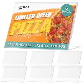 pbf 6x4 Acrylic Sign Holder | 6 x 4 Horizontal Stand Up Slanted Sign Holder | Acrylic Stands for Display | Clear Picture Frame, Menu Table Top Stand, Plastic Flyer Holder (6-Pack)