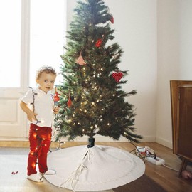 36 Inch White Christmas Tree Skirt, Cable Knit Thick Tree Rug, Rustic Xmas Tree Decorations Farmhouse Boho Vintage Ornaments