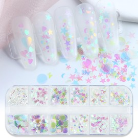 Nail Art Glitter Sequins, 3D Clear Iridescent Ultra Thin Nail Art Glitter Flakes Designs, Mermaid, Love, Heart, Butterfly, Star, Moon, Round Shapes, Nail Glitter Discs for Women