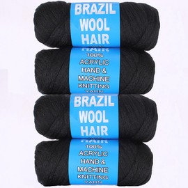 Kachanaa 4 Roll Natural Black Brazilian Wool Hair for Braids Acrylic Hand Knitting for Jumbo Braids Goddess Locs Crochet Hair for Women Senegalese Braiding Hair Extension 1B#