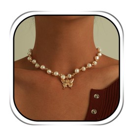EVAZEN Pearl Necklace Chain Gold Butterfly Choker Vantage Necklace Necklace Accessories for Women