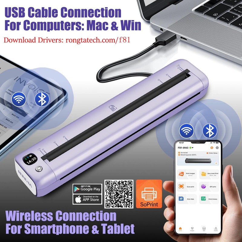 Rongta Portable Printer Wireless for Travel, Bluetooth WiFi Inkless Thermal