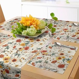 Lunarable Fall Table Runner & Placemats, Vintage Autumnal Theme Farmhouse Vibe Wild Flowers Illustration Print, Set for Dining Table Decor, Placemat 4 pcs + Runner 16"x72", Beige Cinnamon and Mustard