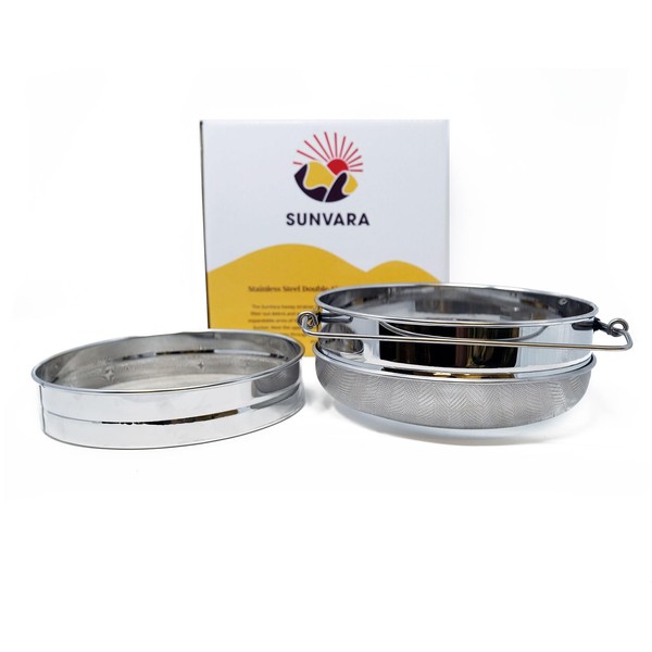 SunVara Honey Strainer - Stainless Steel Honey Filter Beekeeping Equipment for 5 Gallon Bucket, Manual Extractor, Double Sieve, and More - Ideal for Beekeepers - Harvest, and Extract Honey