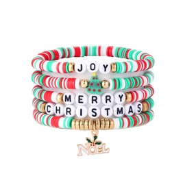 Christmas Bracelets For Women Beaded Stackable Holiday Gifts New Year Red White And Green Atmosphere Blessing Snowflake Pine Tree Accessories Stretch Friendship Bracelets Jewelry Sets