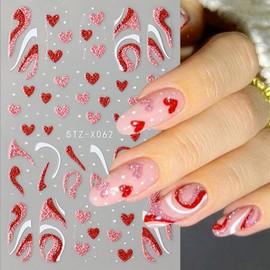 6 Sheets Heart Nail Stickers for Nail Art,3D Valentine's Day Nail Art Stickers Self Adhesive Irregular French Line Nail Decals Romantic Glitter Heart Nail Supplies for Women Girls Valentine Manicure