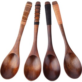 4pc-Handmade Style Wooden Soup Spoons with Tied Line on Handle (Wood, 20CM)