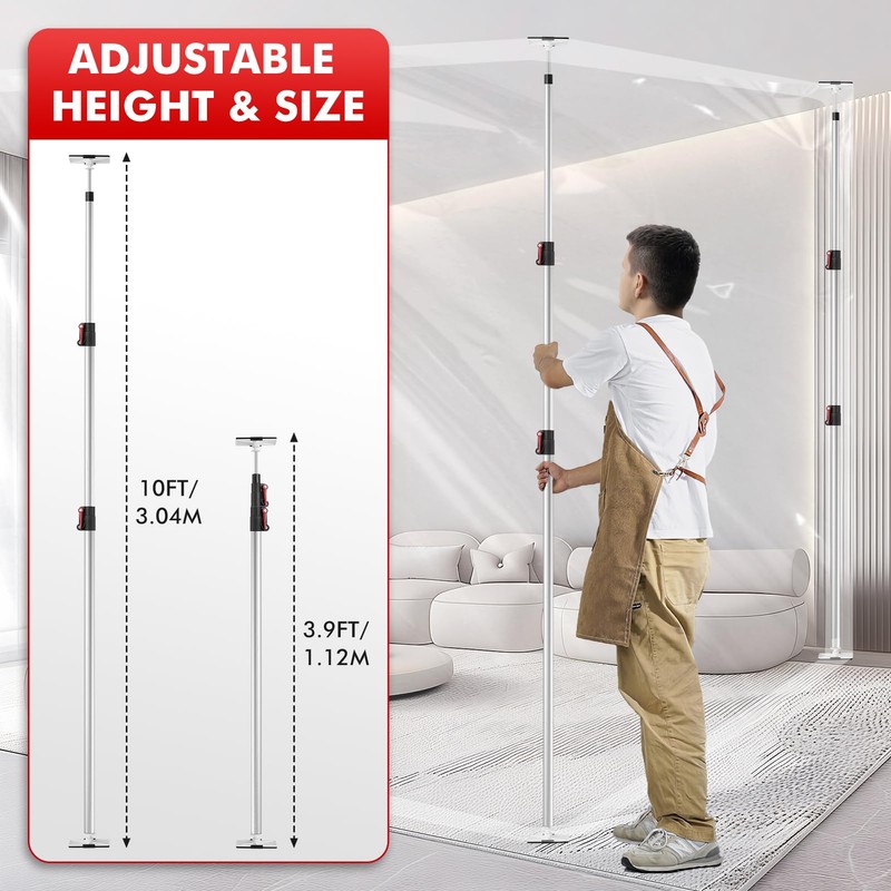 10FT Dust Barrier Poles 4 Pack withCarry Bag, Stainless Steel