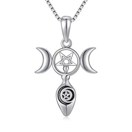 JBAERD Triple Moon Goddess Necklace Sterling Silver Goddess Necklaces Pentagram Moon Wicca Necklace Egyptain Necklace Moon Goddess Jewelry Birthday Christmas Gifts for Girls Women, Sterling Silver, No