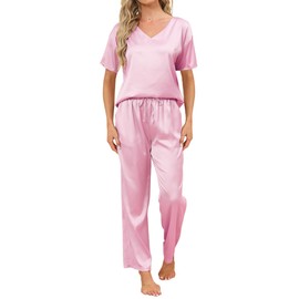 TeJoyce Silk Pajama Set for Women, Silk Satin Pajamas Set, V Neck Short Sleeve Silky Pajama Sets, Two-Piece Pj Set Sleepwear Loungewear with Pants Pink