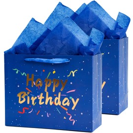 Febbleshow Blue Birthday Gift Bags with Tissue Paper - Matte Finish with Gold Foil Lettering and Confetti Design - Birthday Party Gift Bag for Men Women Kids - 13"x10.3"x4.7" (Pack of 2)