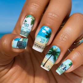 24Pcs Medium Press on Nails Square Shape Fake Nails Tropical Beach Acrylic Nails Cute Summer False Nails Coconut Tree Artificial Nails Full Cover Reusable Stick on Nails Glossy Glue on Nails for Women