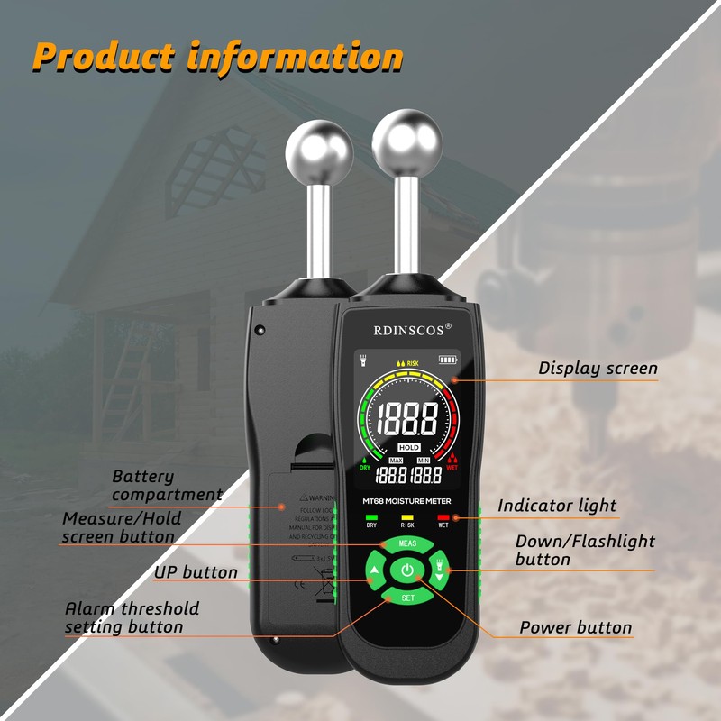 RDINSCOS MT68 Pinless Moisture Meter for Walls and Floors, Non-Invasive